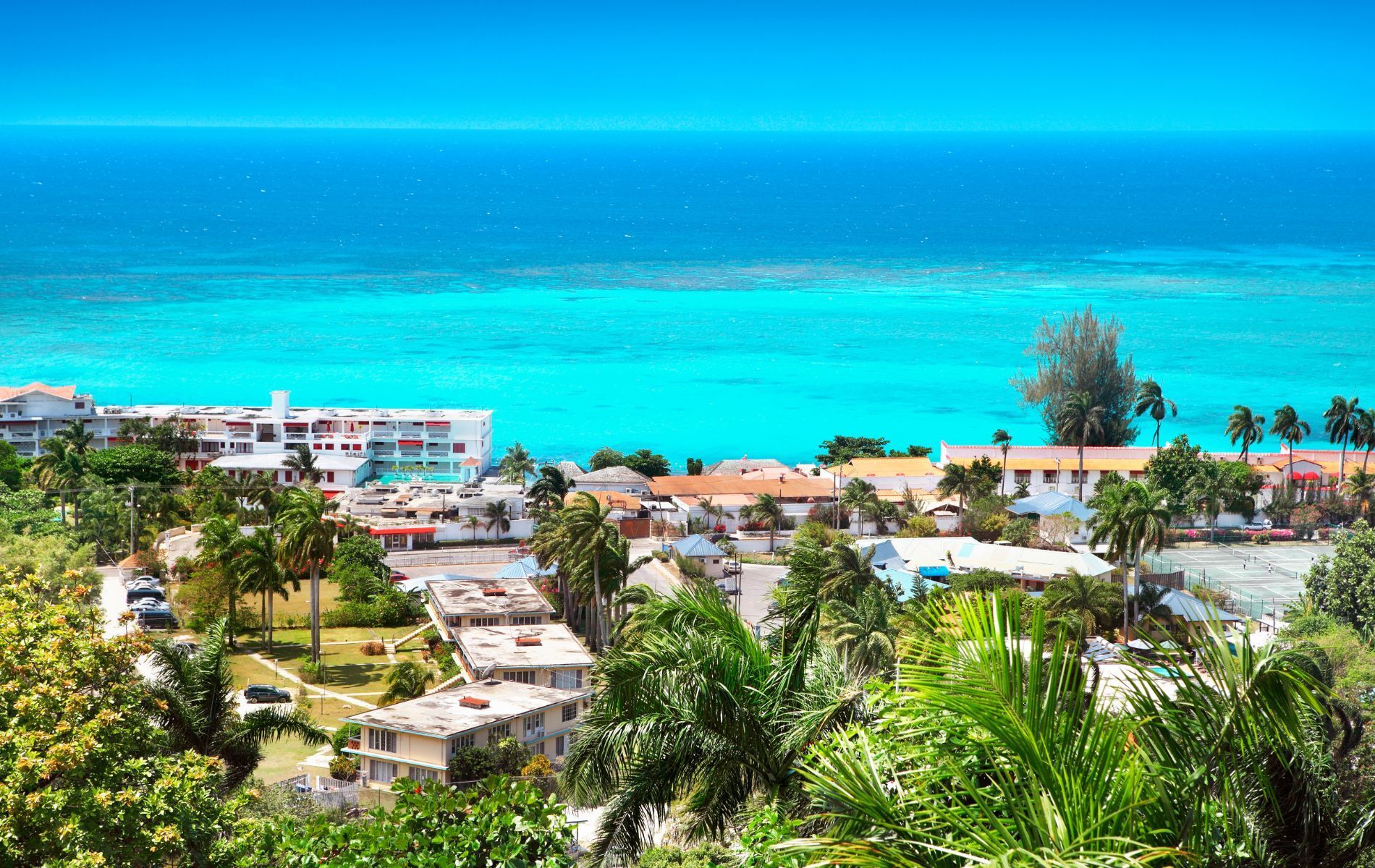 Montego Bay with the oceans, hotels and palm trees