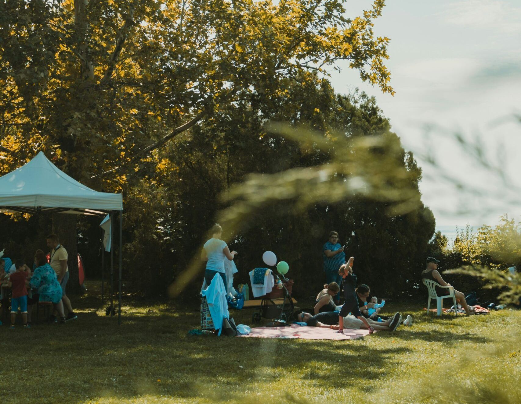 A group of people are having a picnic in a park.