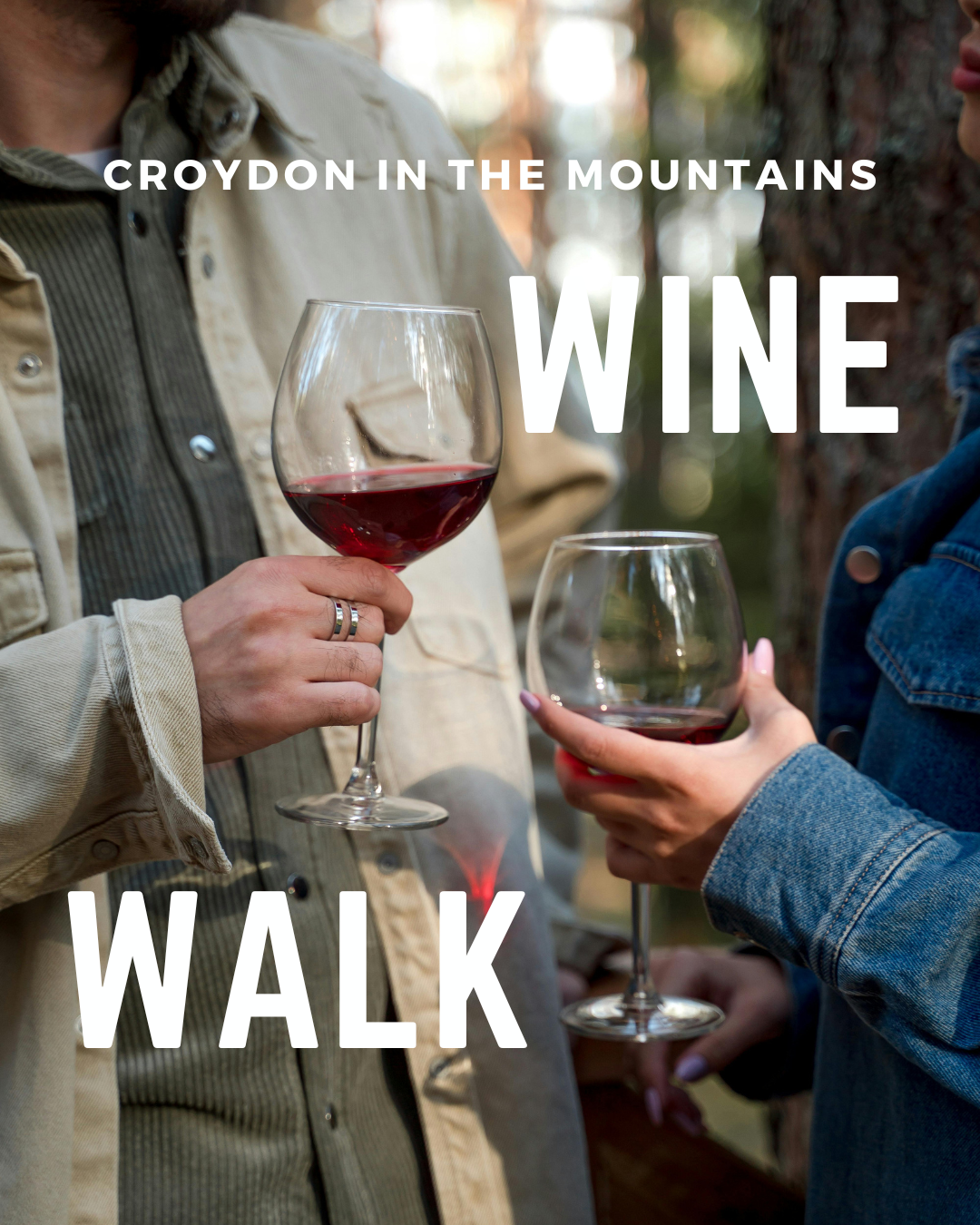 Croydon in the mountains wine walk poster with two people holding wine glasses