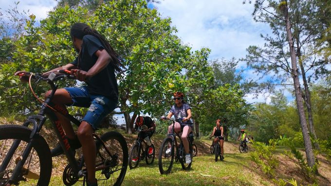 A group of people are riding bicycles down a path in the woods.