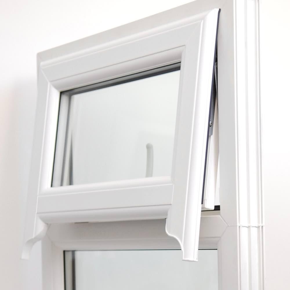 a close up of a white window with the window open