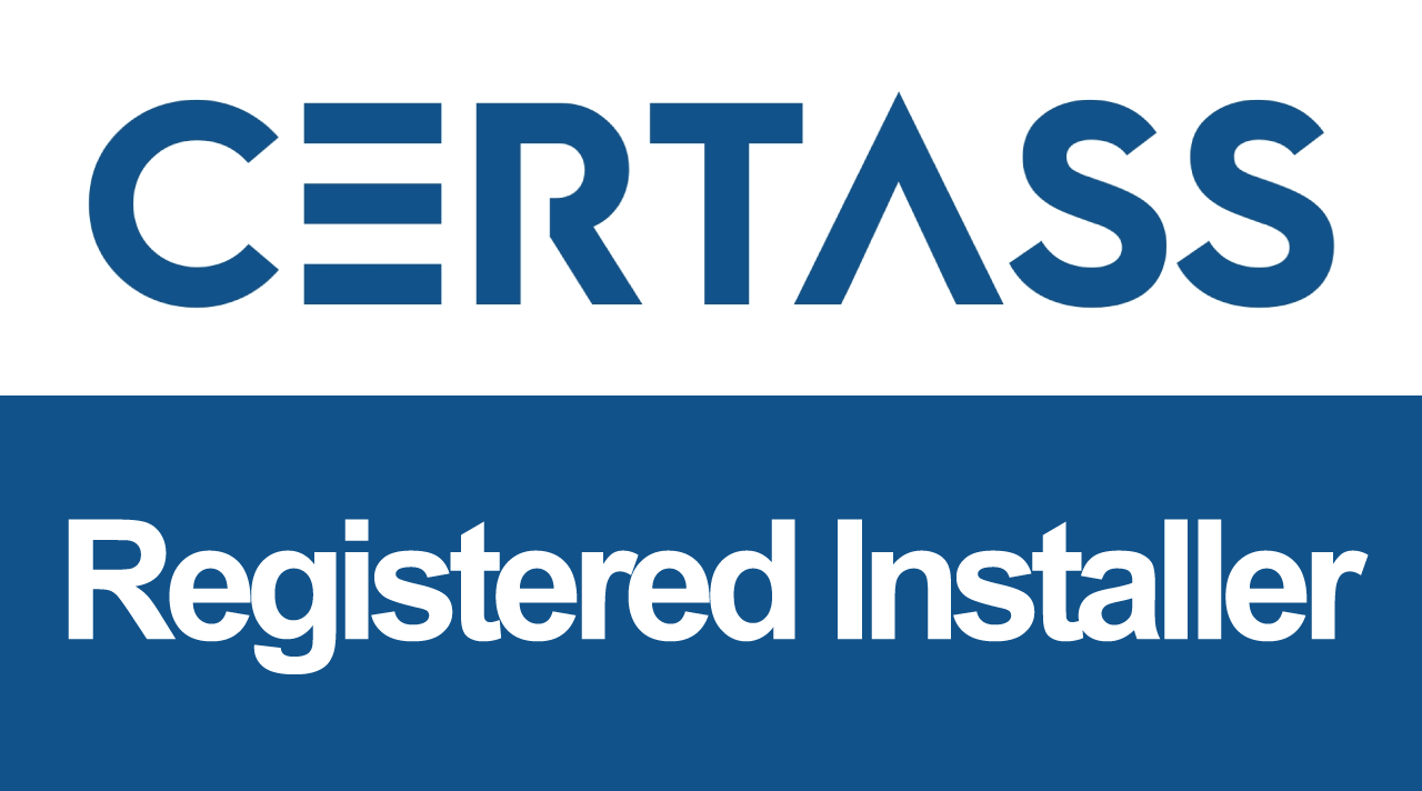 a blue and white logo for certass registered installer