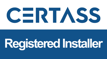 a blue and white logo for certass registered installer