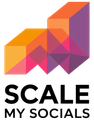 Logo of Scale My Socials: Abstract geometric shape in orange, pink, and purple above the text 