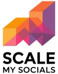 Logo of Scale My Socials: Abstract geometric shape in orange, pink, and purple above the text 
