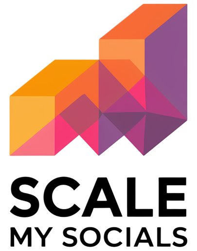 Logo of Scale My Socials: Abstract geometric shape in orange, pink, and purple above the text 