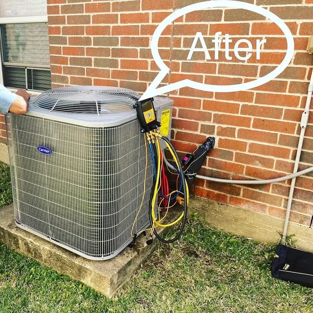 Air conditioning unit near a brick wall with gauges attached, labeled 