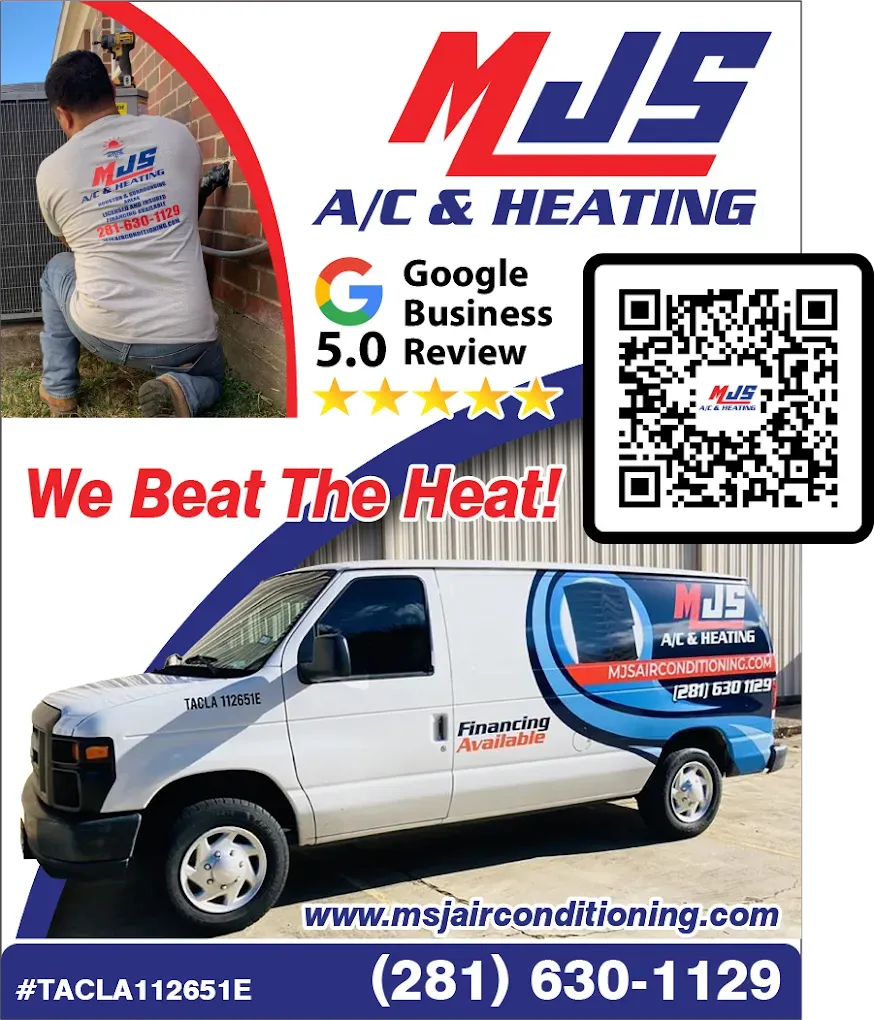 Advertisement for MJS A/C & Heating. Features a technician, a van, Google review badge, and a QR code.