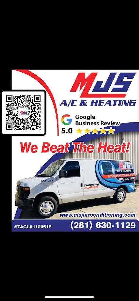 Advertisement for MJS A/C & Heating. Features a white van, QR code, Google review stars, and a phone number.