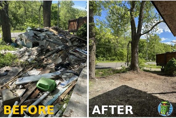Before-and-after yard cleanup: debris pile removed, revealing a clear wooded area and cabin.