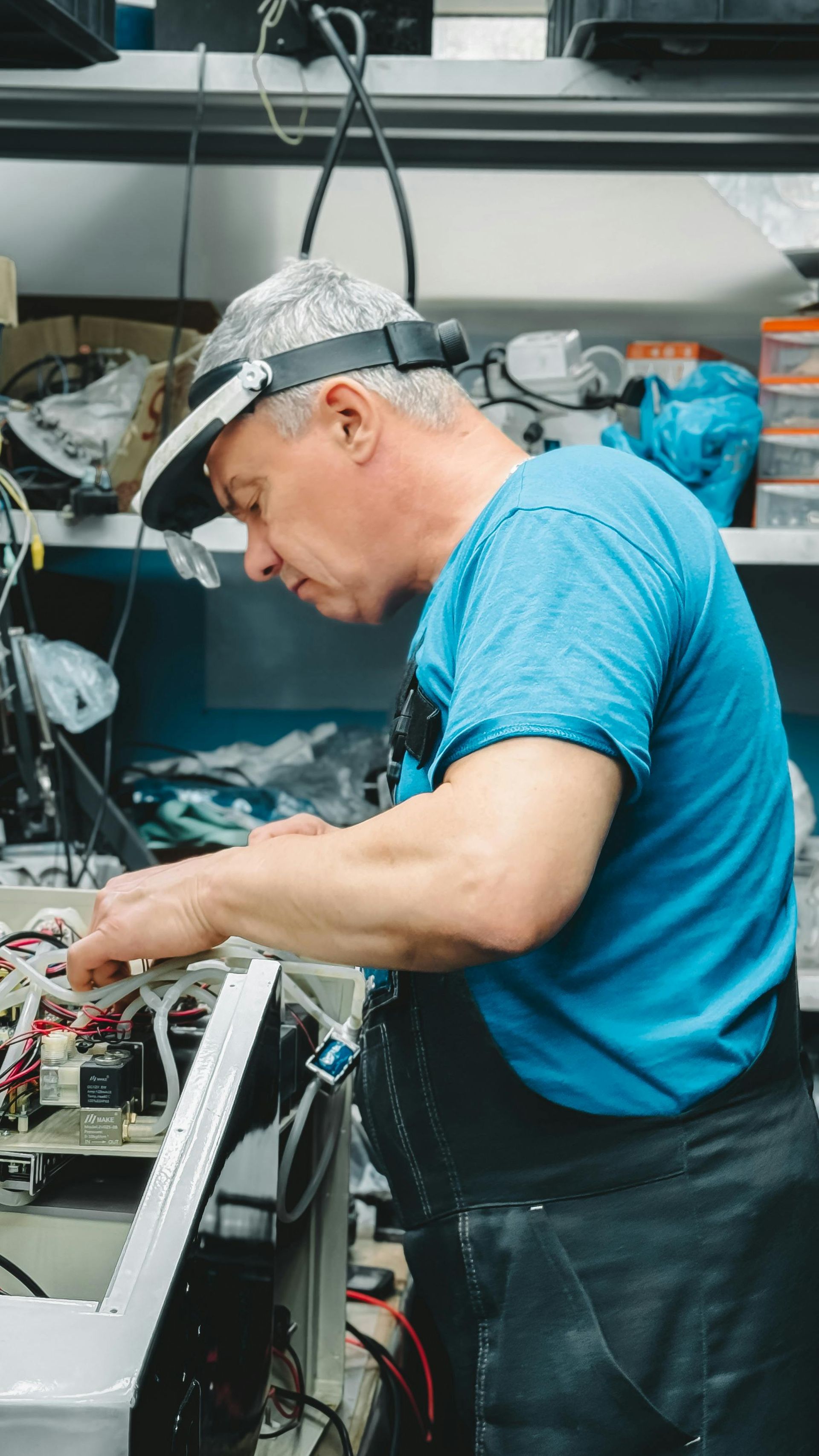 A man wearing a blue shirt and a hat is working on a computer.