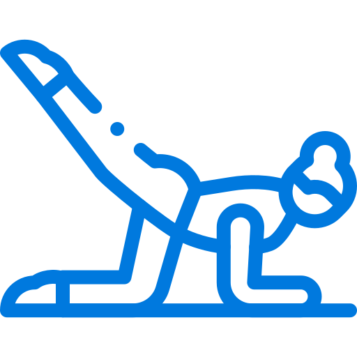 A blue icon of a person doing exercises on a white background.