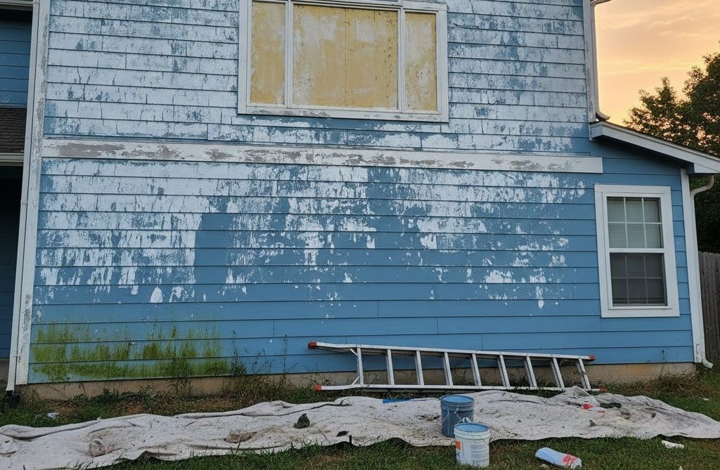 Side of a two story home with blue siding showing paint wear, indicating the need for a repaint. Tarp and ladder on the floor.