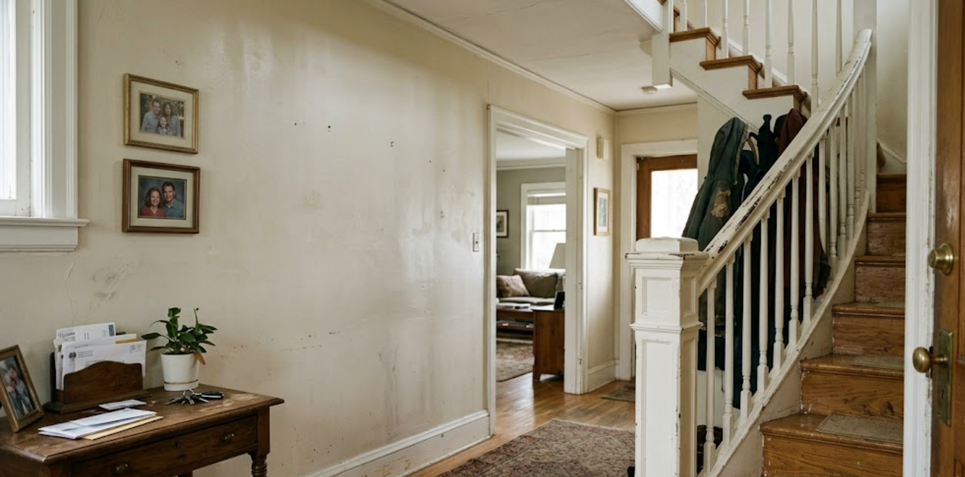 Hallway and stairs of older home with worn out paint