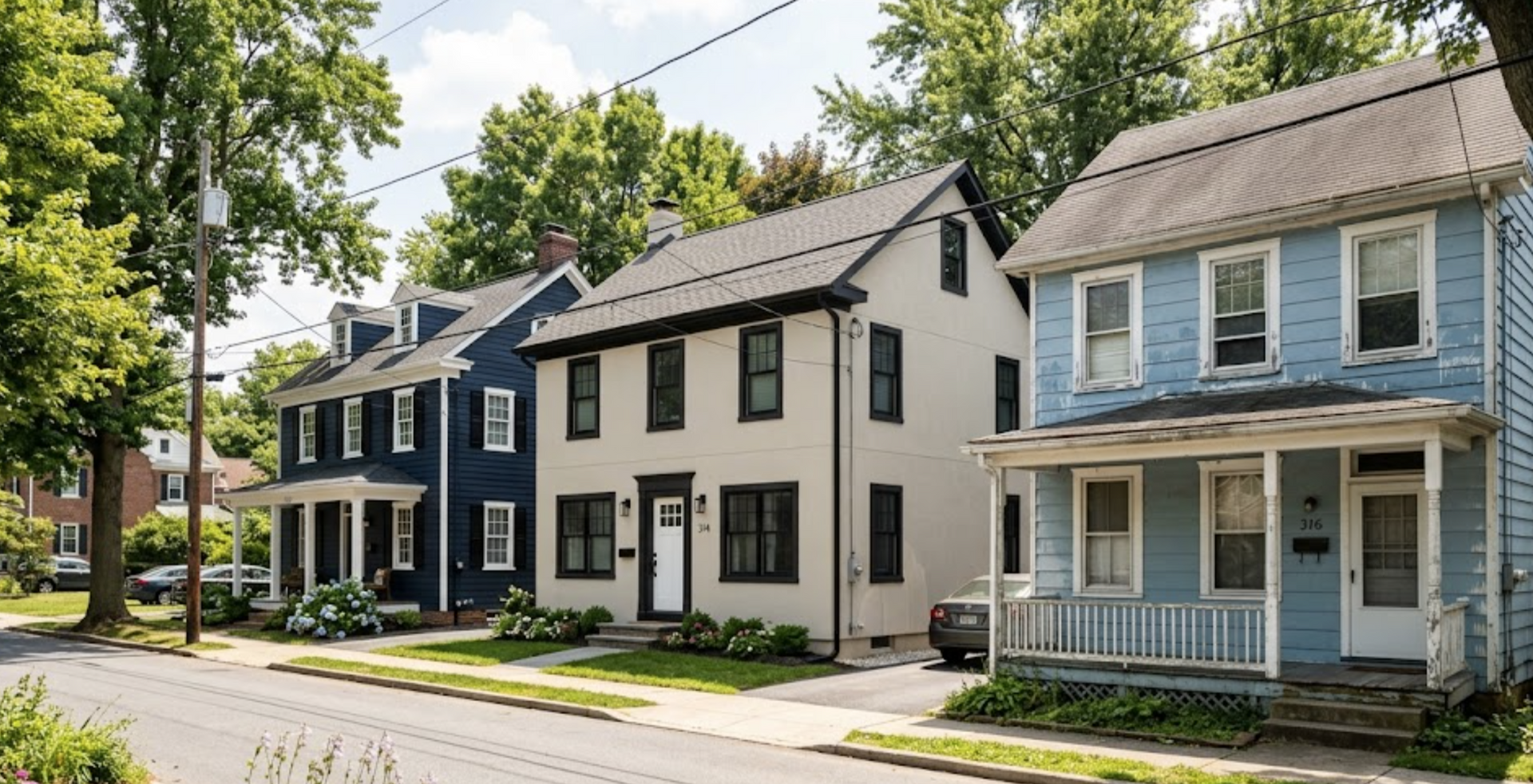painter working on exterior of two story brick residence