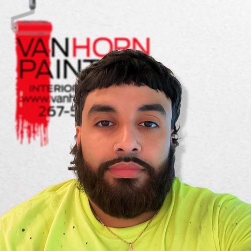 A man with a beard is wearing a yellow shirt that says vanhorn paint