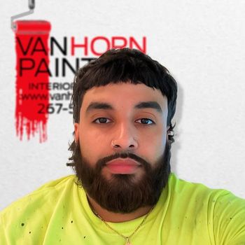 A man with a beard is wearing a yellow shirt that says vanhorn paint