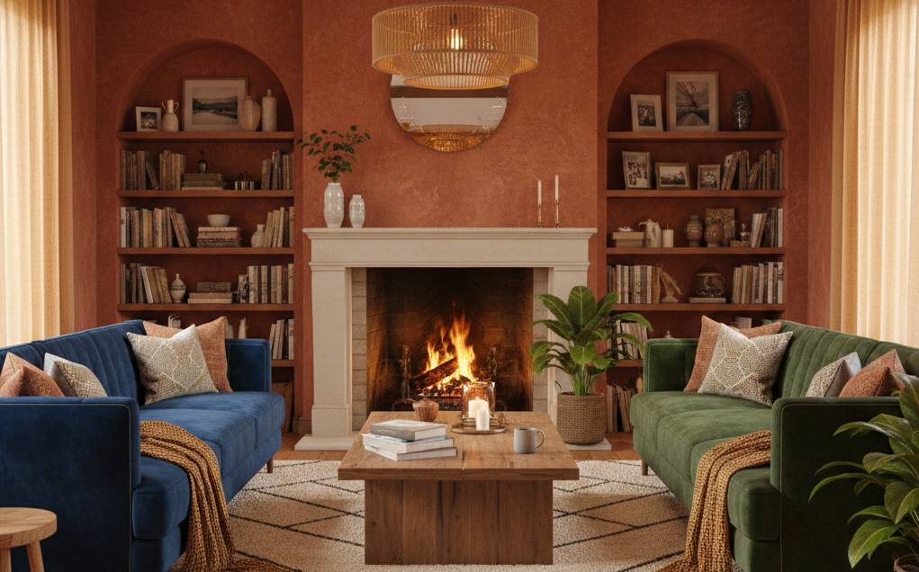 Side of a two story home with blue siding showing paint wear, indicating the need for a repaint. Tarp and ladder on the floor.