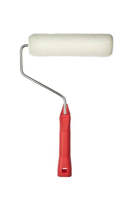 A paint roller with a red handle on a white background.