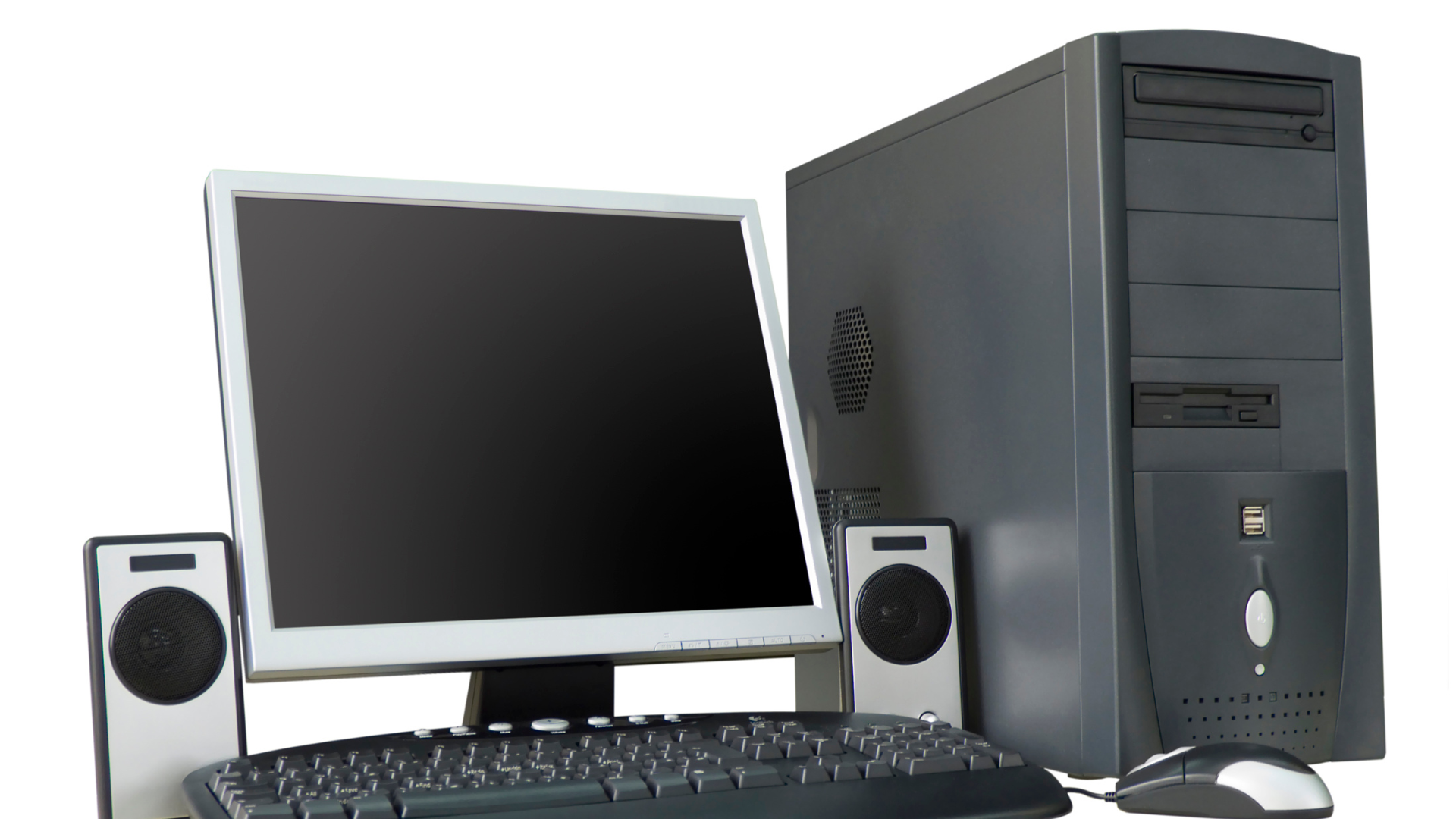 A computer with a monitor keyboard and speakers