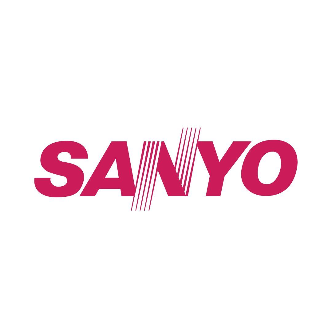 Logotipo de SANYO en rosa con líneas verticales que atraviesan la letra "A", sobre fondo blanco.