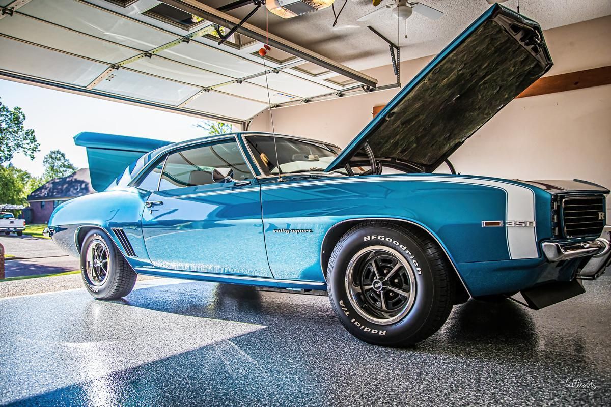 Blue classic car in a garage with epoxy garage floor