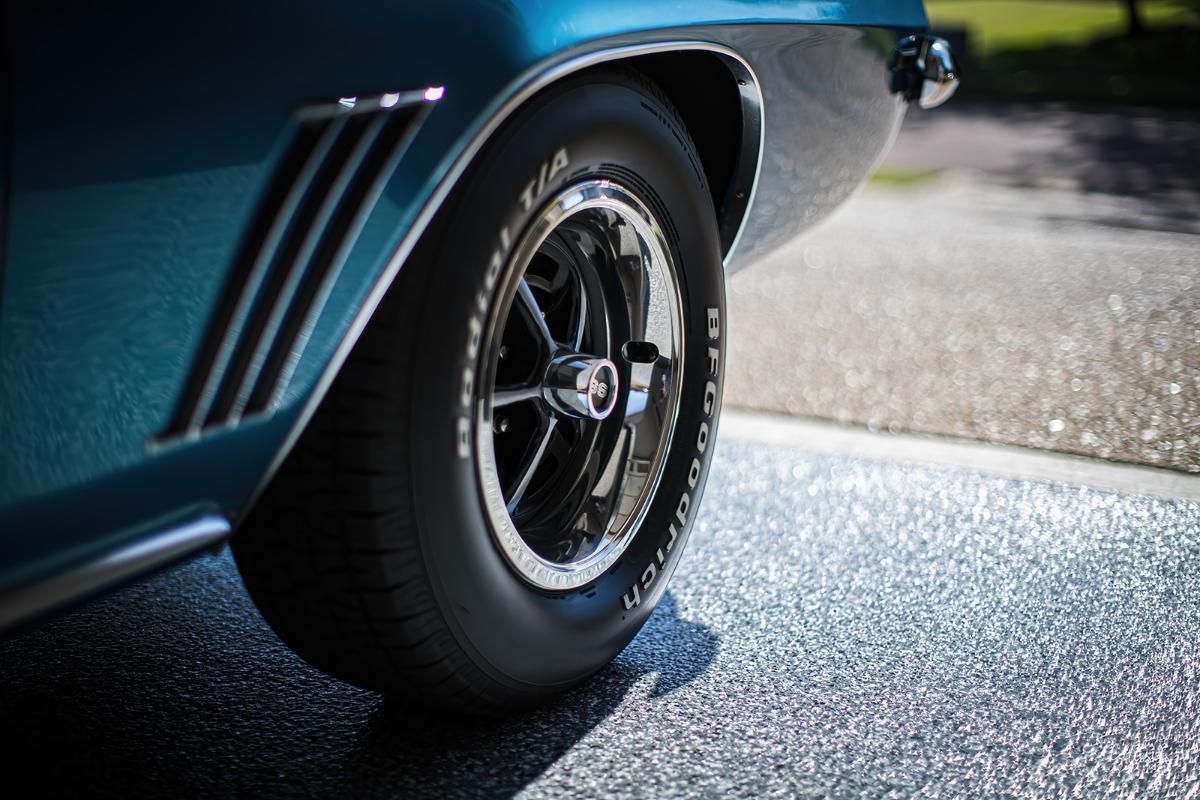 Blue classic car in a garage with epoxy garage floor