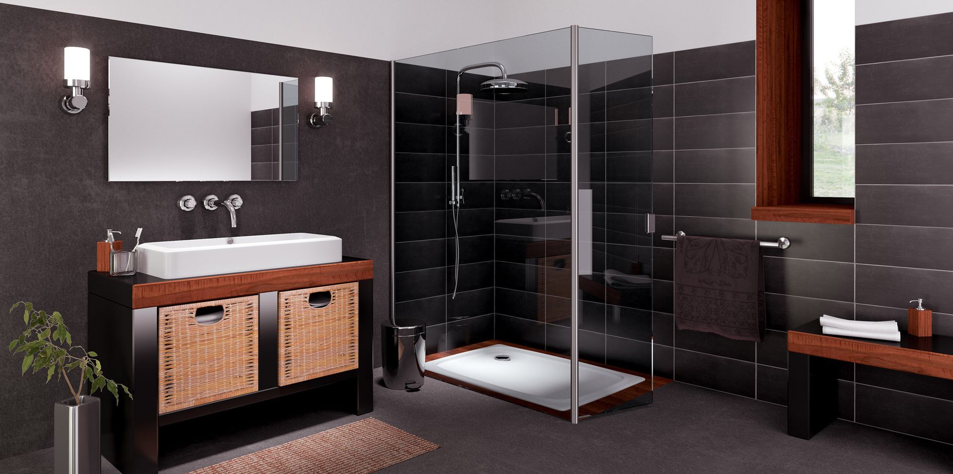 Modern bathroom with black tiled walls, glass shower, wooden vanity, and a window.