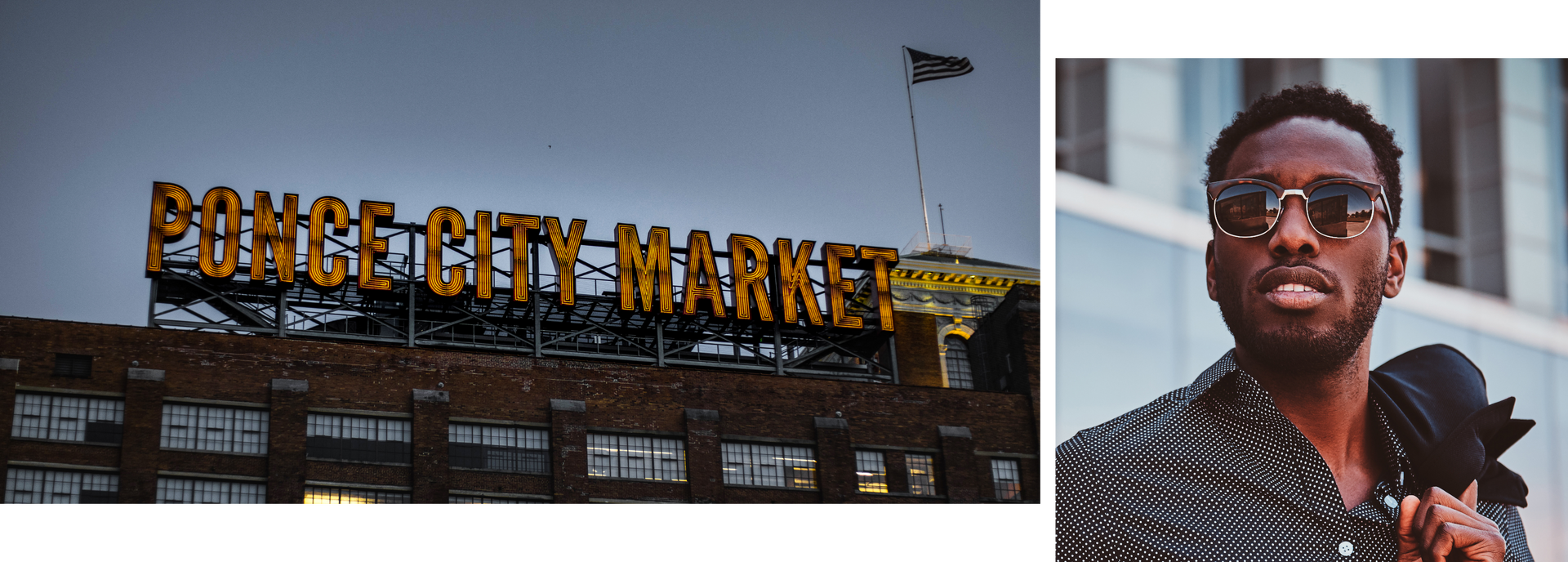 a man is standing in front of a ponce city market sign .