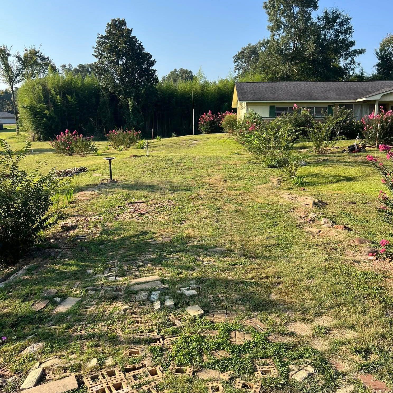 Grassy yard with flower bushes and a house in the background. Bricks are scattered on the ground. Sunny day.