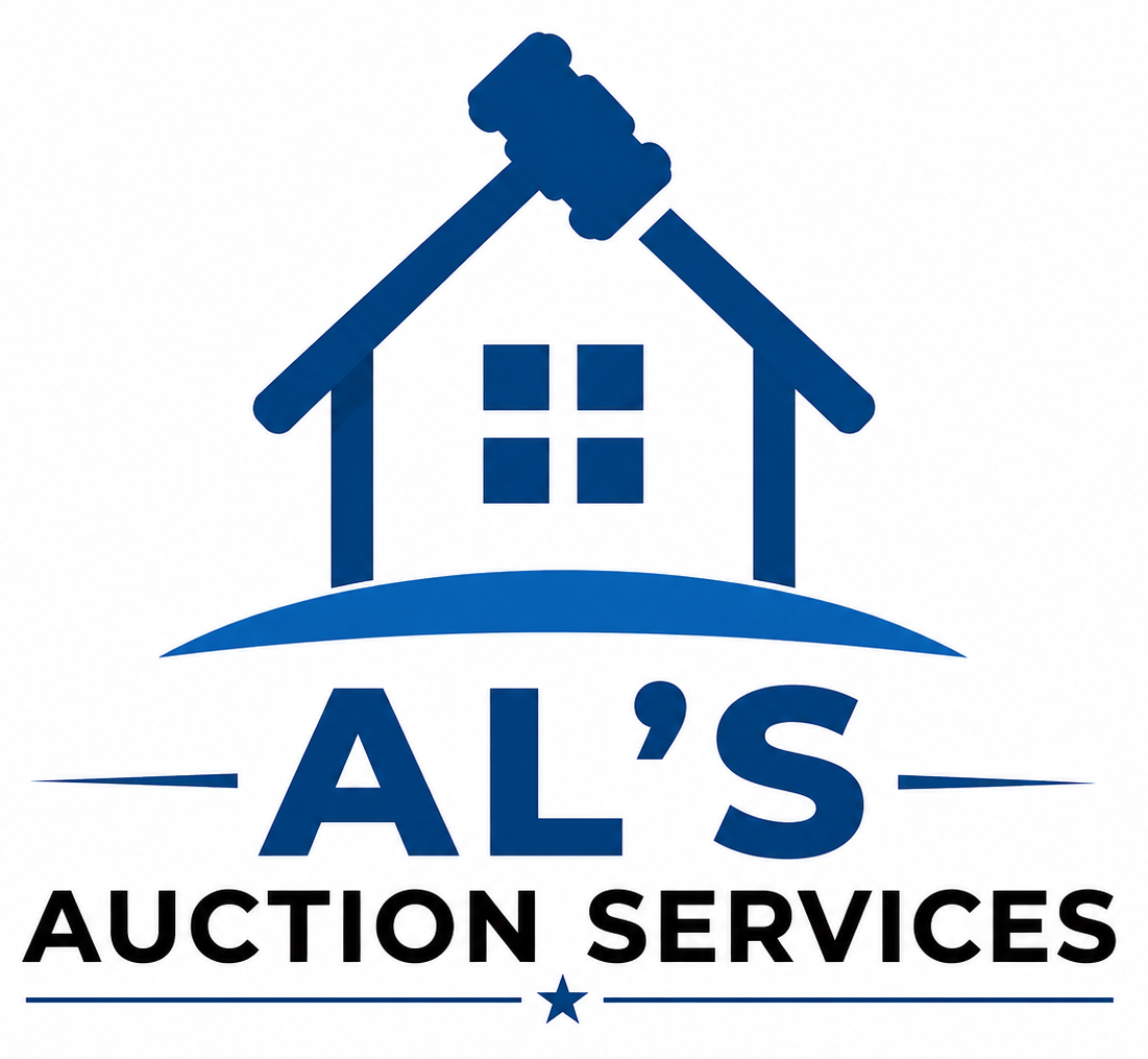 Blue logo of a house with gavel and text “AL’S AUCTION SERVICES”
