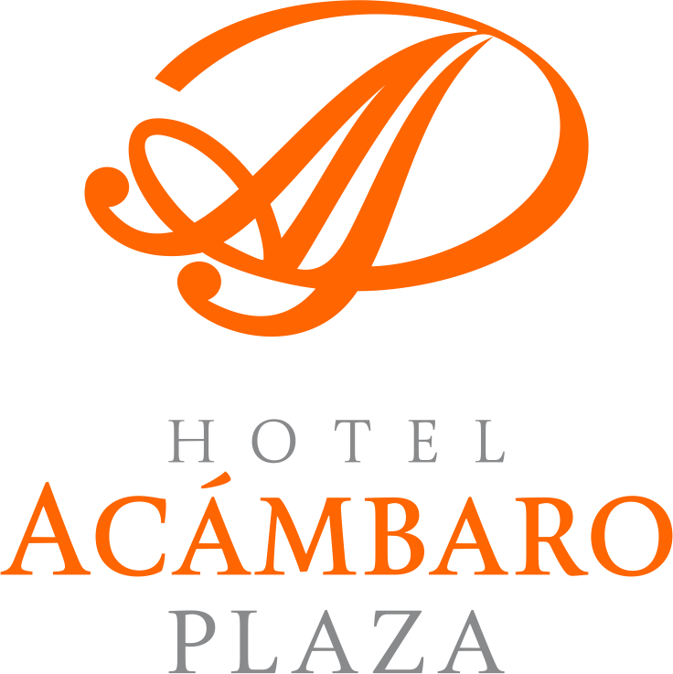 Logotipo para Hotel Ac&aacute;mbaro Plaza: "A" naranja dentro de un remolino, con el texto "HOTEL AC&Aacute;MBARO PLAZA" debajo en gris.
