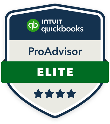 Intuit QuickBooks ProAdvisor Elite badge: blue, white, and green shield with four stars.