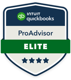 Intuit QuickBooks ProAdvisor Elite badge: blue, white, and green shield with four stars.