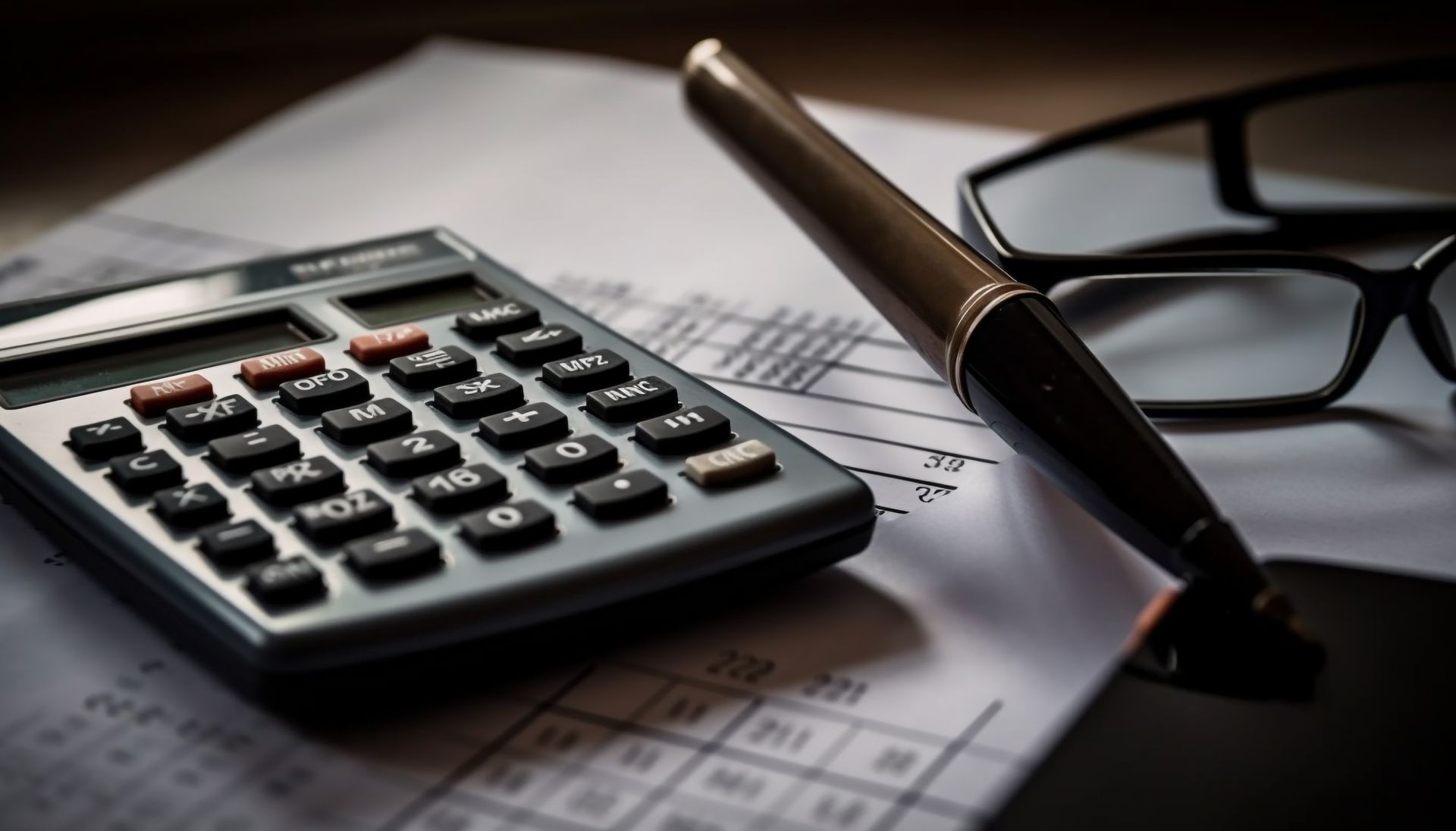 A pen is sitting next to a calculator and glasses