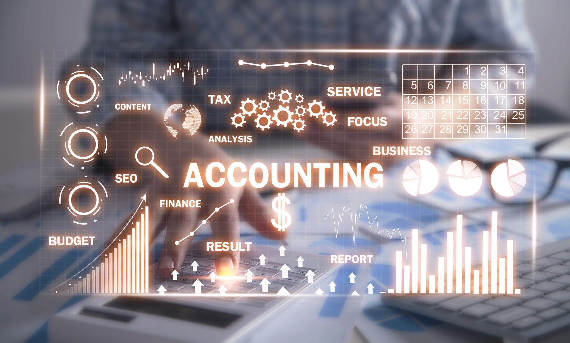 A person is using a computer with a screen that says accounting on it.