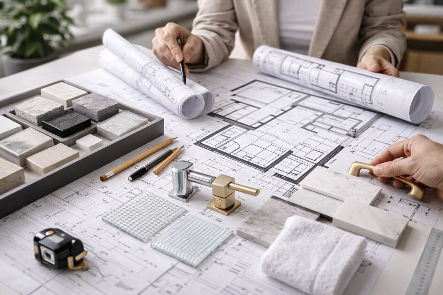Persone che esaminano progetti architettonici, campioni di colori e campioni di ante di armadi su una scrivania.