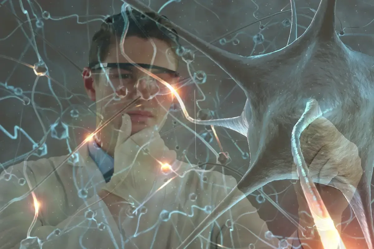 Cientista examina rede neural. Ele veste jaleco de laboratório. À sua frente há uma projeção de neurônios.