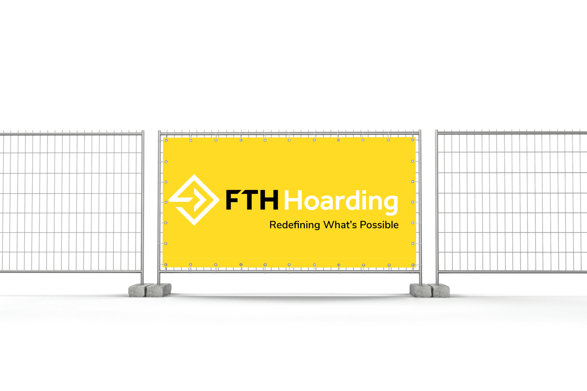 A yellow banner is sitting on top of a metal fence.