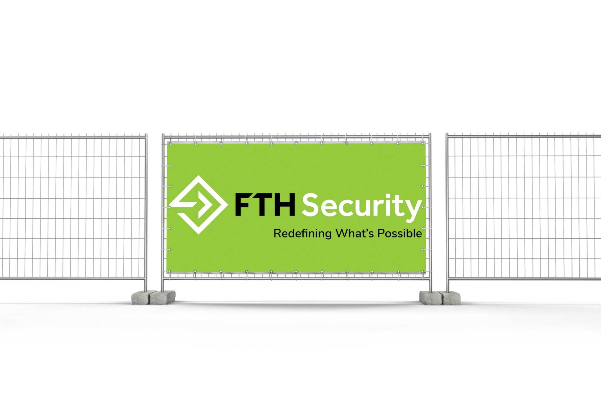 A fence with a green banner that says fth security on it.