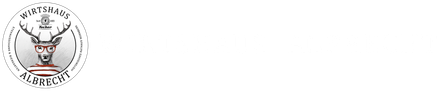 Logo Wirtshaus Albrecht, gezeichneter Hirschkopf mit einer roten Brille, wie ein Bierdeckel. 