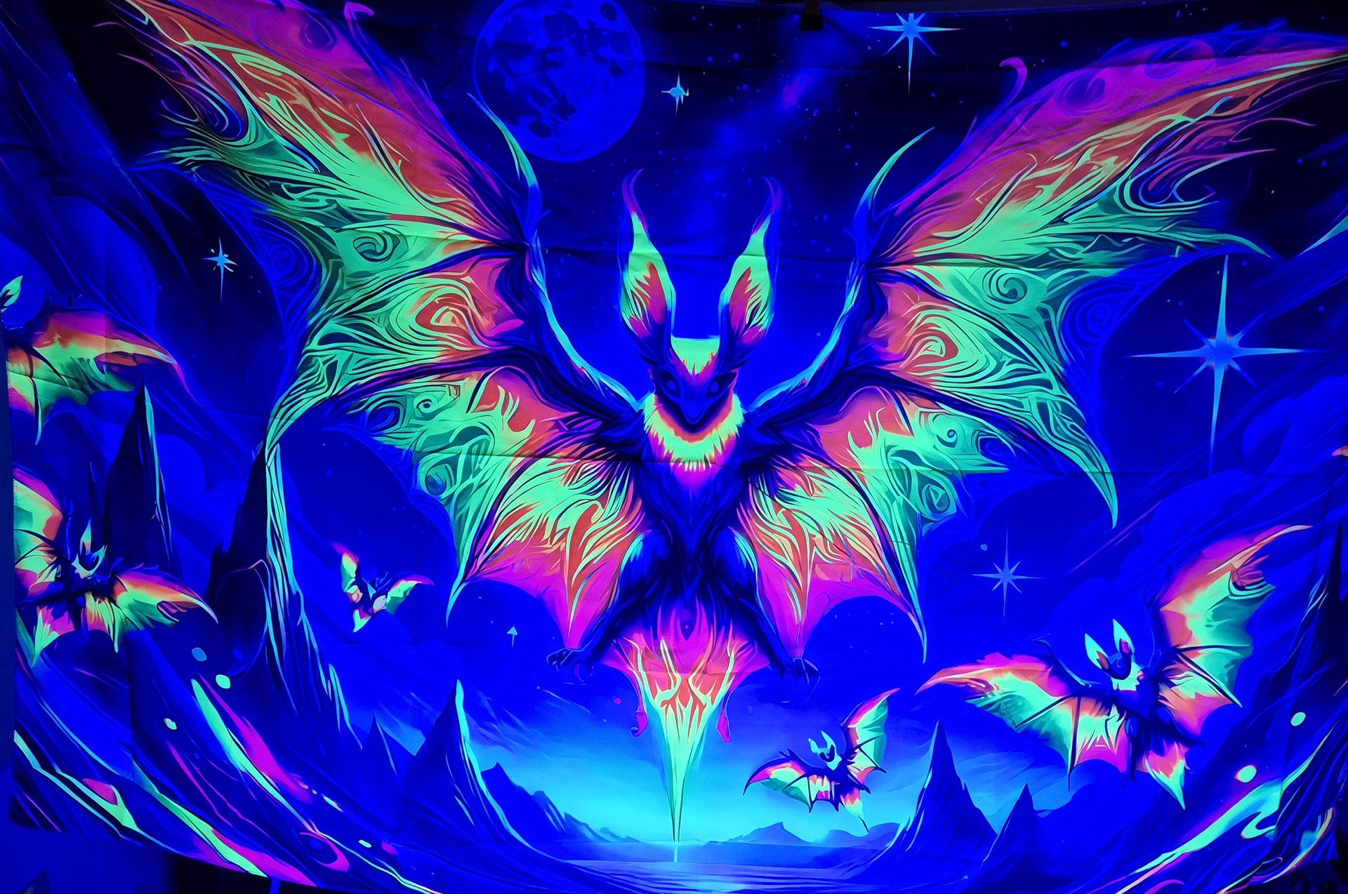 Rainbow Bat Black Light Reactive Wall Tapestry