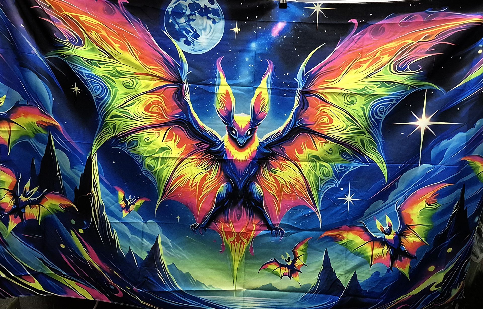 Rainbow Bat Black Light Reactive Wall Tapestry