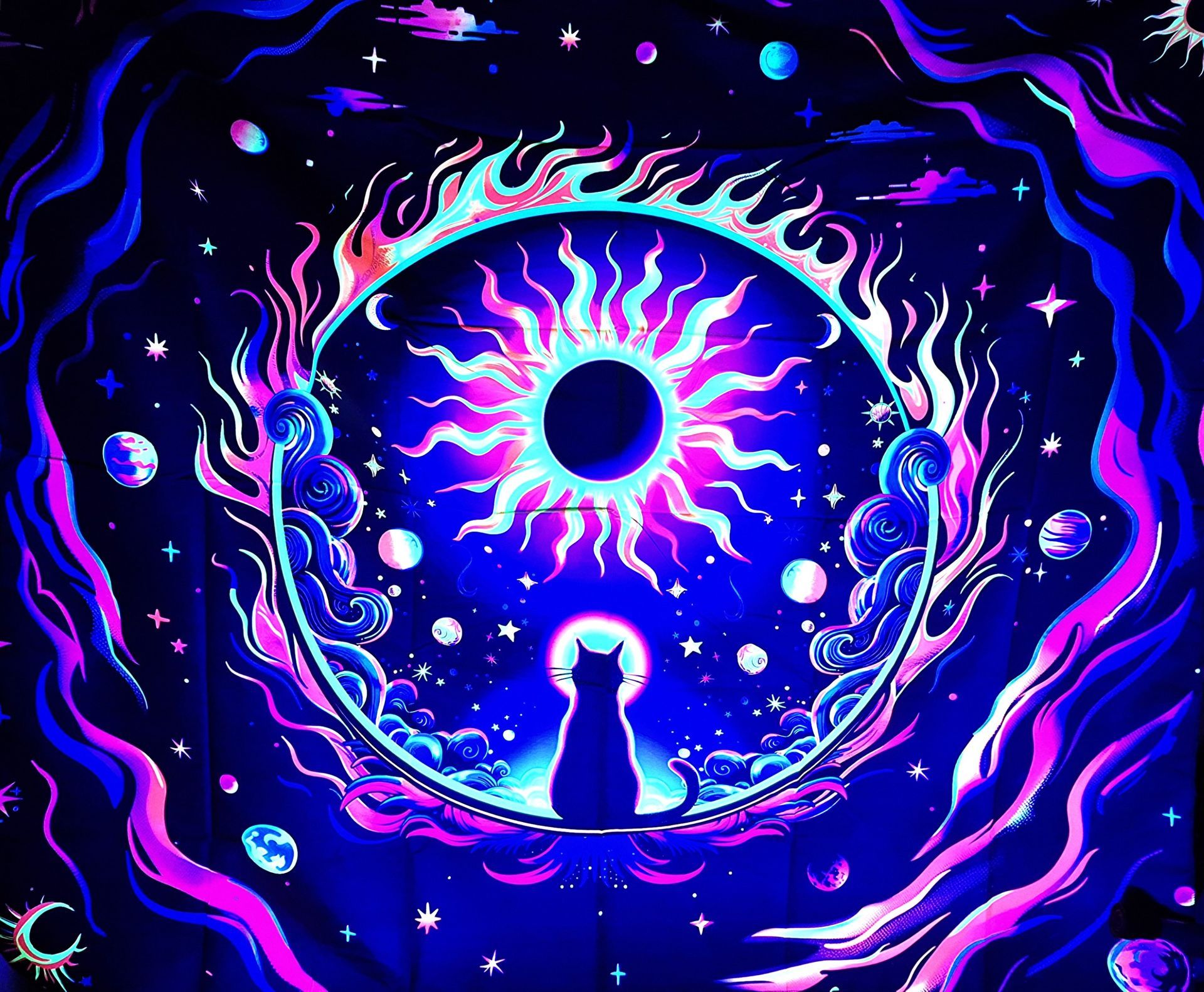 Celestial Cat Black Light Reactive Wall Tapestry