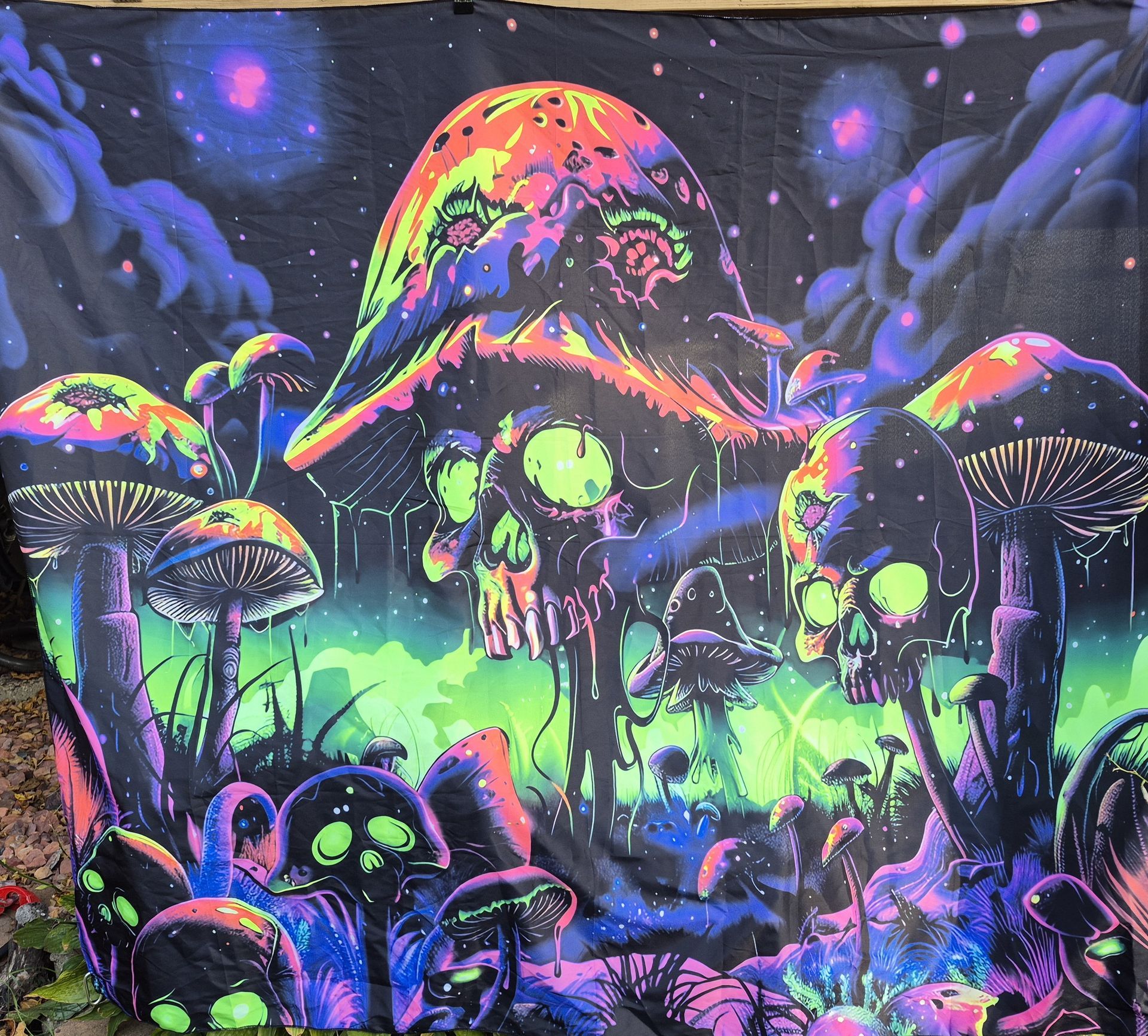 Mushroom Helmet Skull Black Light Reactive Wall Tapestry