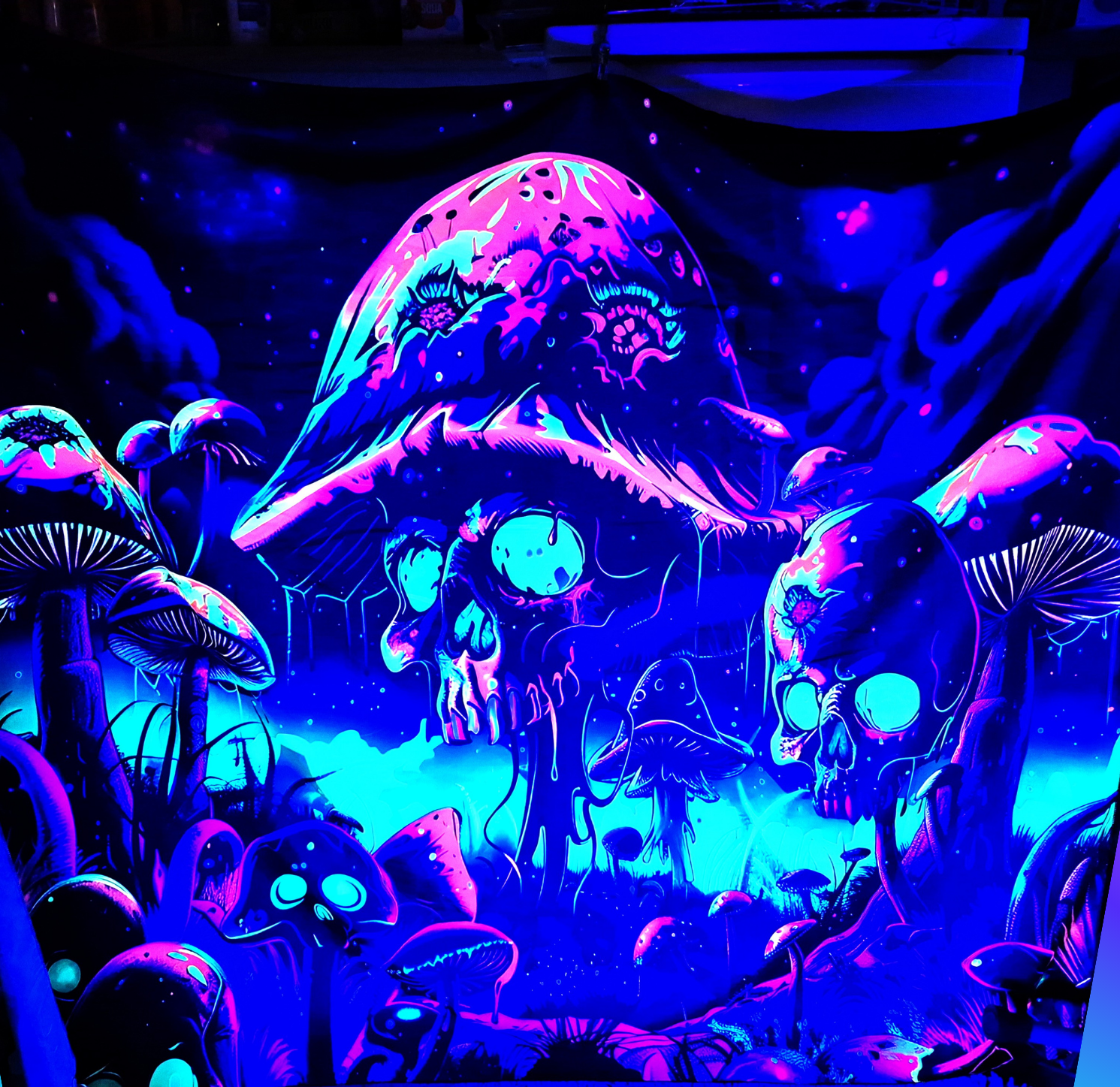 Mushroom Helmet Skull Black Light Reactive Wall Tapestry