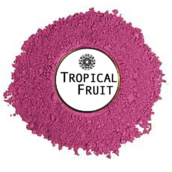 A pile of pink powder with a label that says `` tropical fruit ''.