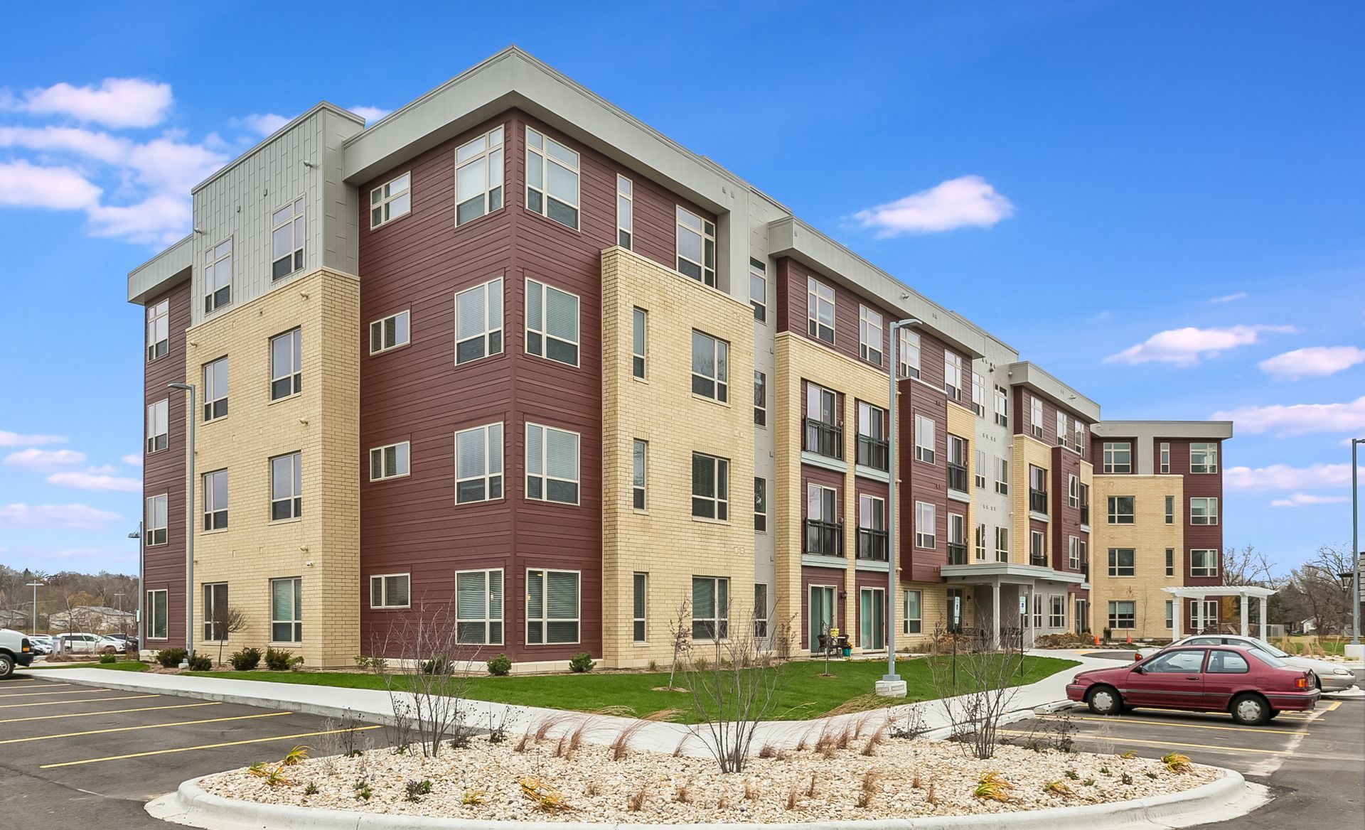 An exterior shot of a low income senior apartment complex in Madison, WI - Novation Senior Commons