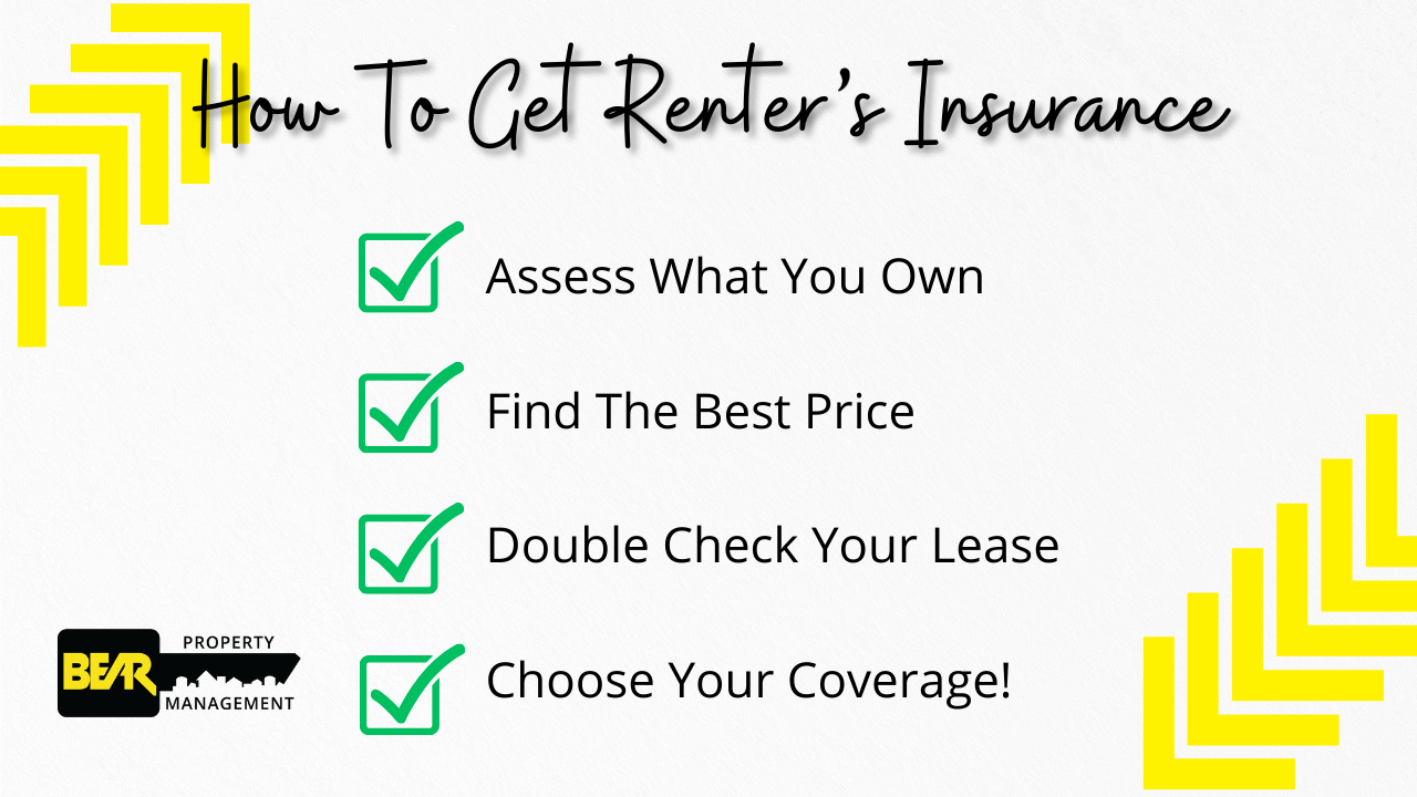 The steps to get renter's insurance are: 1, Assess what you own, 2, Shop for the best price, 3, Check your Lease agreement for coverage terms, 4, choose the perfect policy