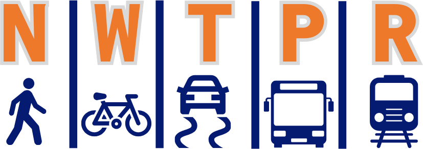 A logo for nwtpr shows a person walking , a bicycle , a bus , and a train.